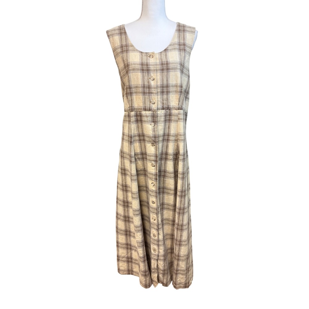 Vintage CHAUS Plaid Linen Jumper Dress 18 Button Trad Cottagecore Teacher Modest